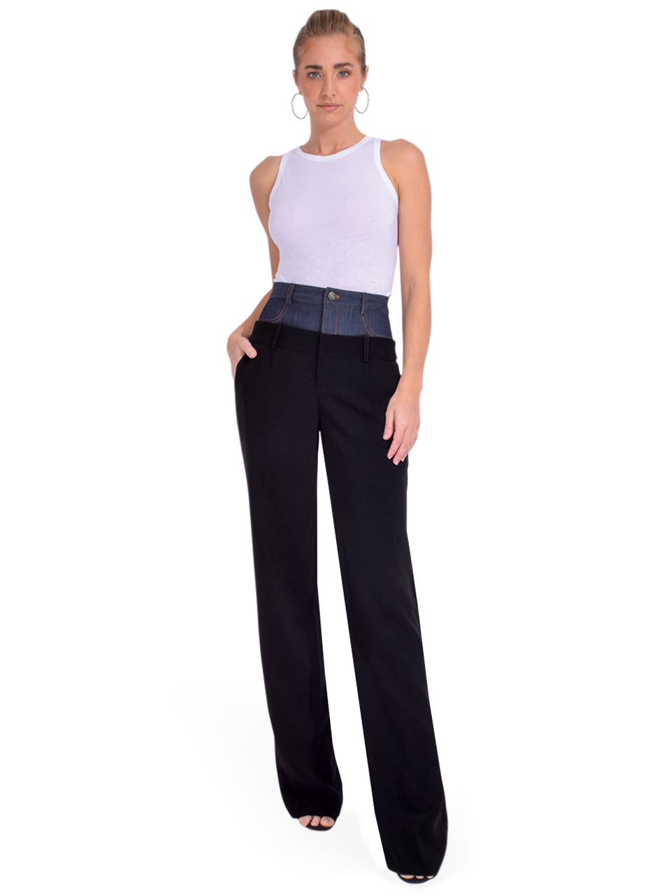 Cinq a Sept Dionne Mixed Media Straight Leg Pant in Black/ Indigo Front View 

