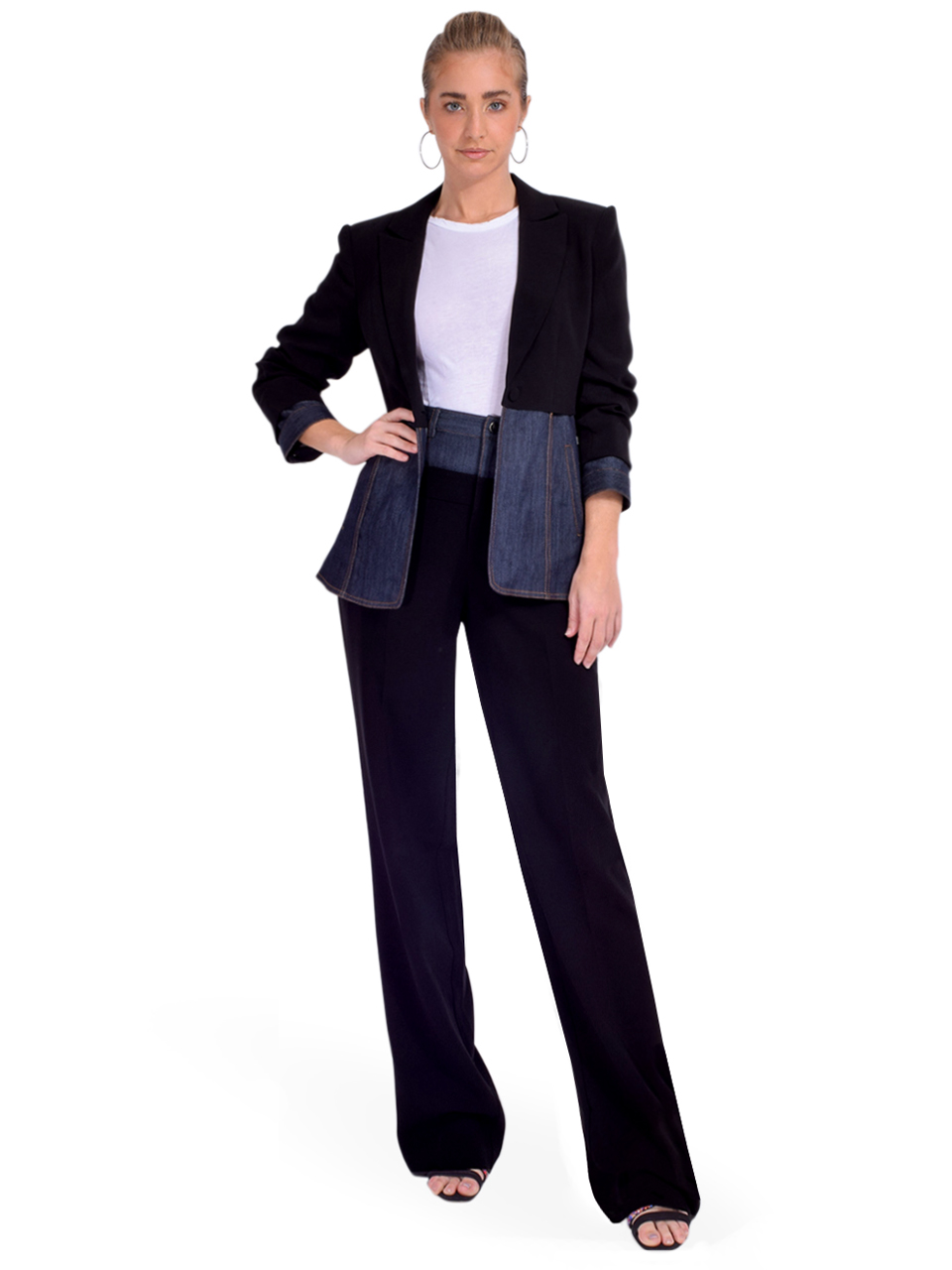 Cinq a Sept Dionne Mixed Media Blazer in Black/ Indigo Full Outfit 