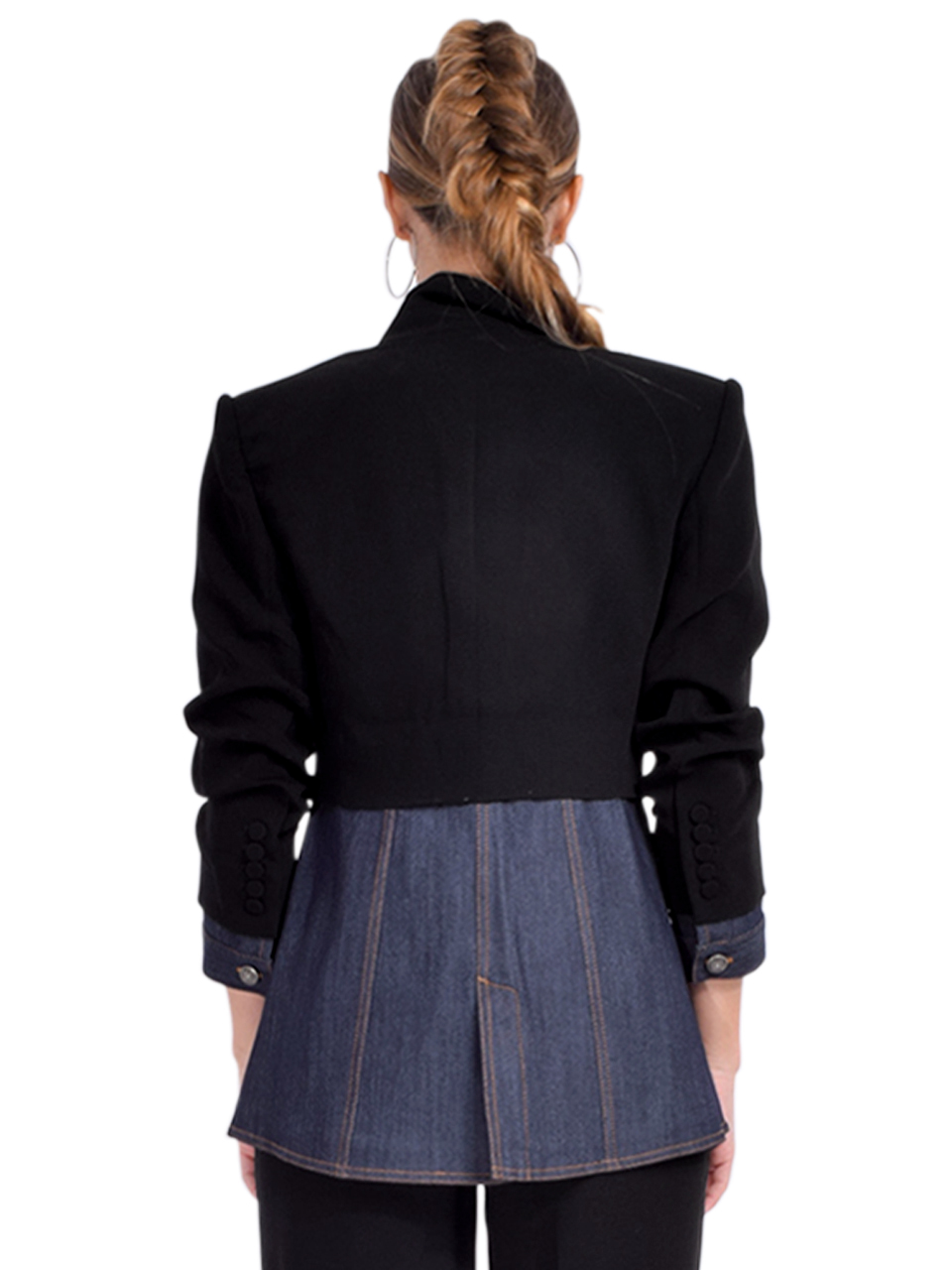 Cinq a Sept Dionne Mixed Media Blazer in Black/ Indigo Back View 