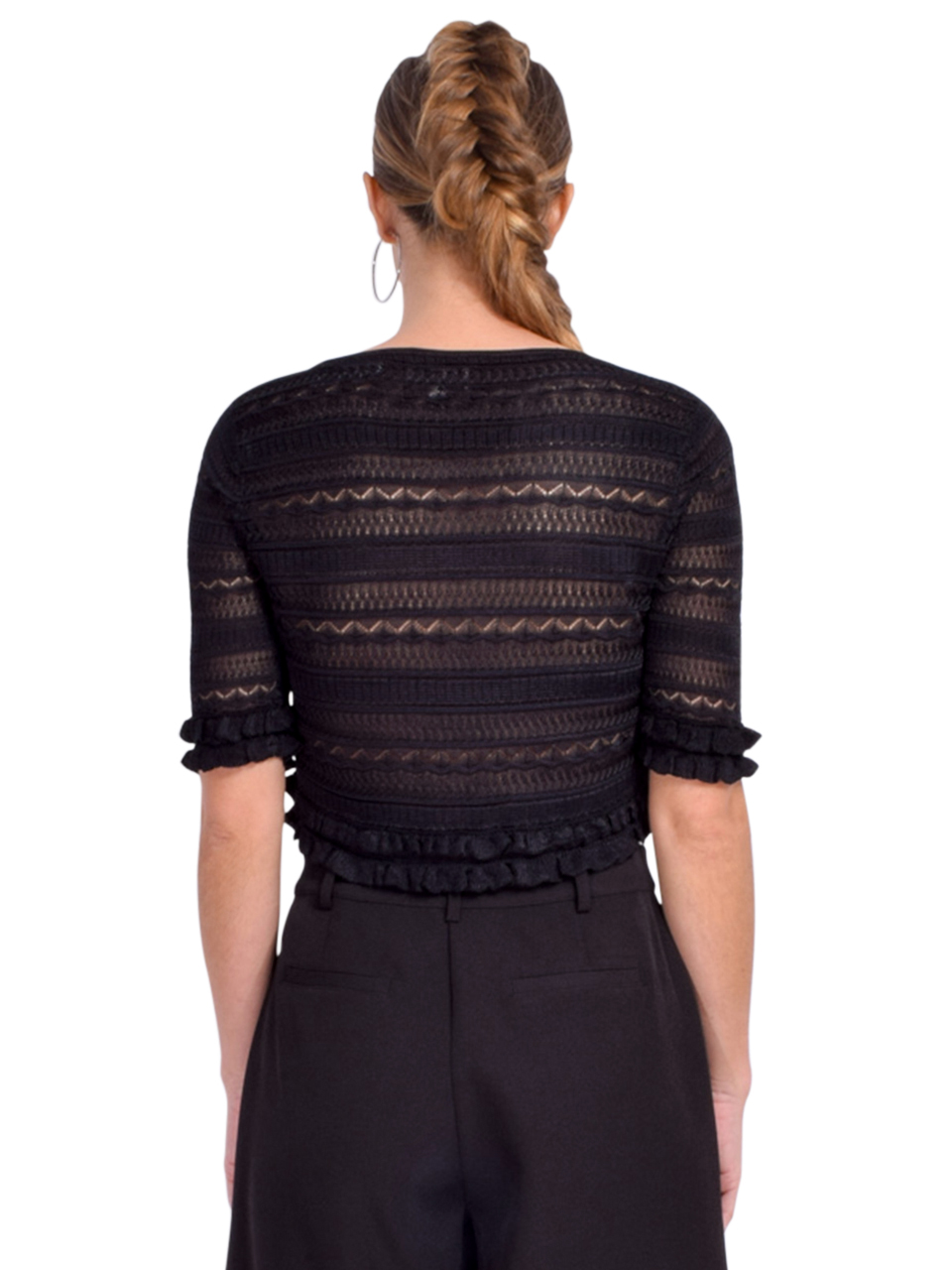 Cinq a Sept Imaan Ruffled Knit Top in Black Back View 