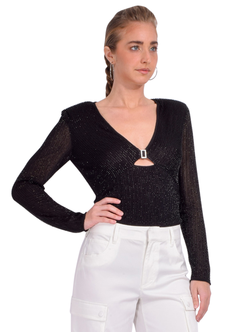 SELF-PORTRAIT Beaded Mesh Top in Black Side View 