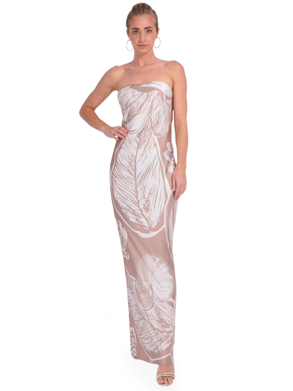 ROCOCO SAND Ines Strapless Maxi Dress in Tan/White Front View 2