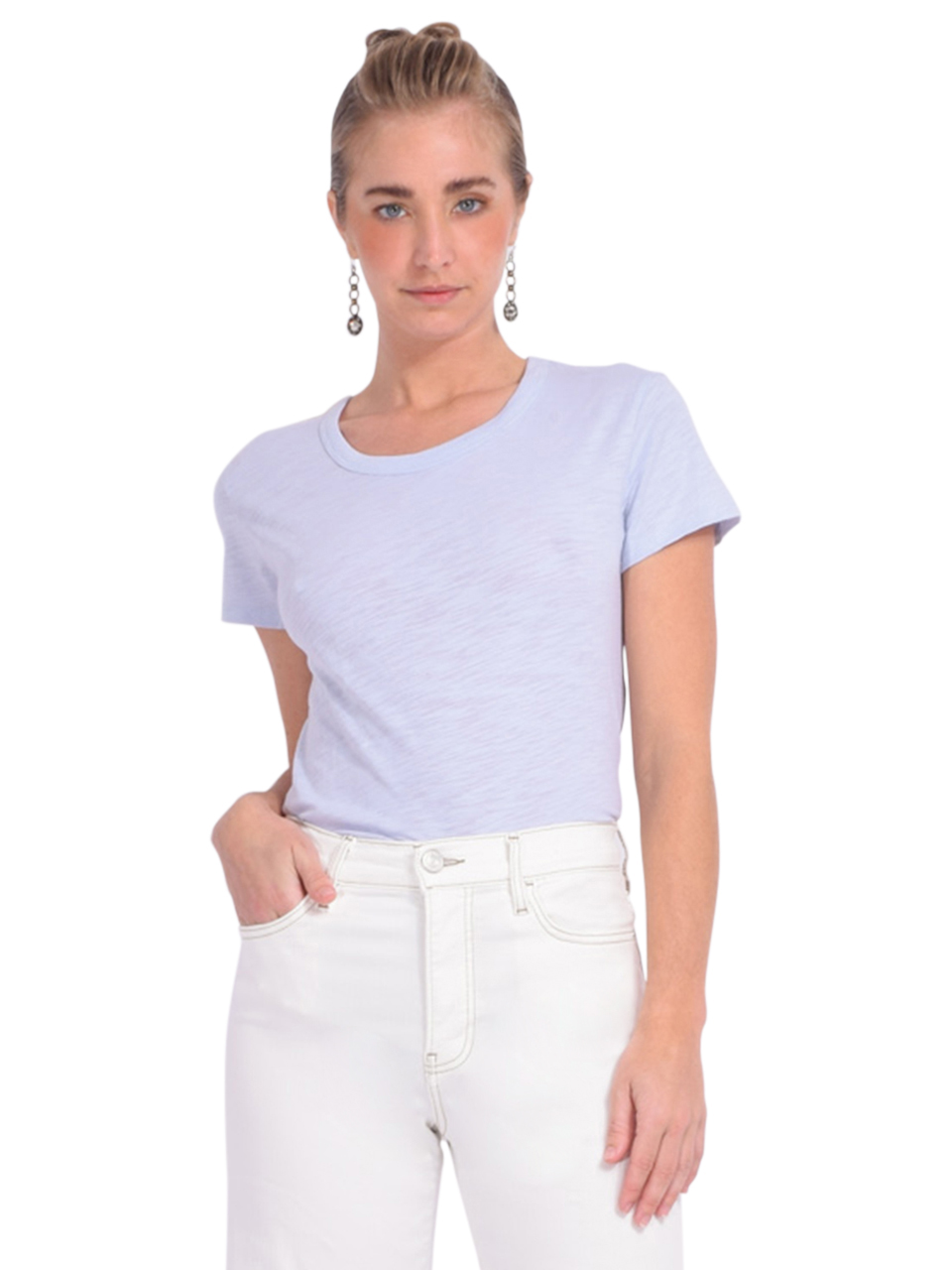 CHRLDR Ava Scoop Mock Layer T-Shirt in Limestone Blue Front View 