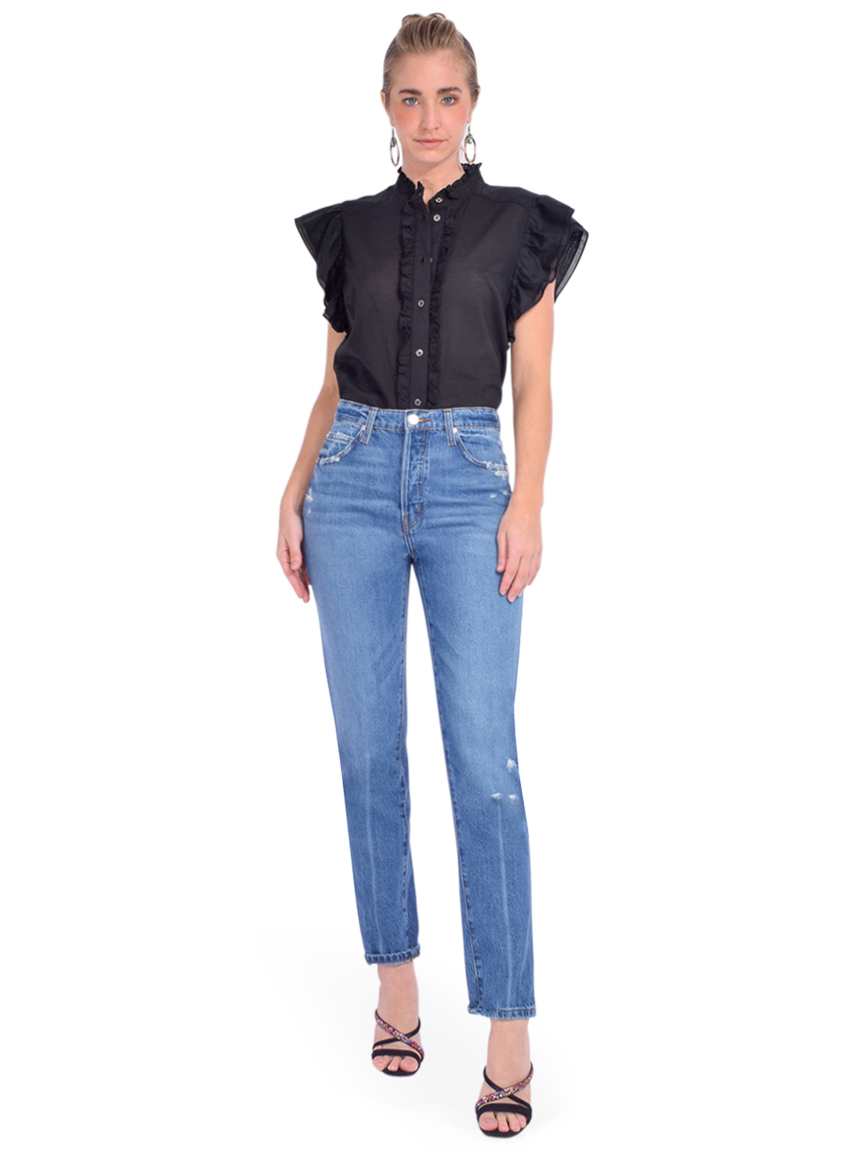 CHRLDR Bridget Ruffled Button Up Shirt in Black Full Outfit 