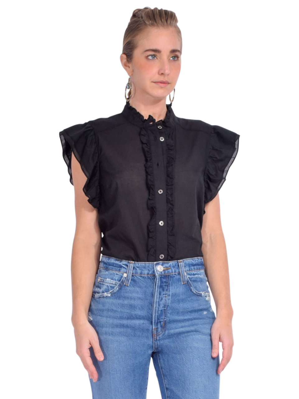 CHRLDR Bridget Ruffled Button Up Shirt in Black Side View 