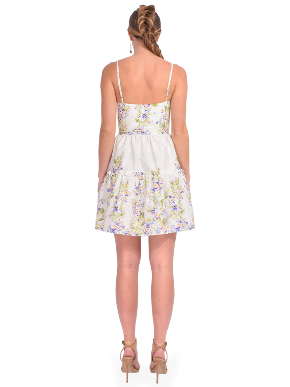 LALIBELA Alessa Short Dress in White/Purple/Multi Floral Back View 