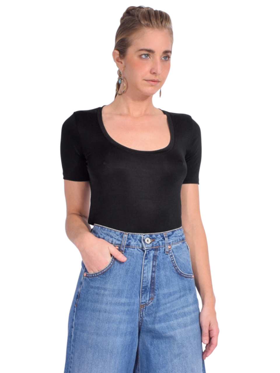 L'Agence Felice Scoop Neck Tee in Black Side View 