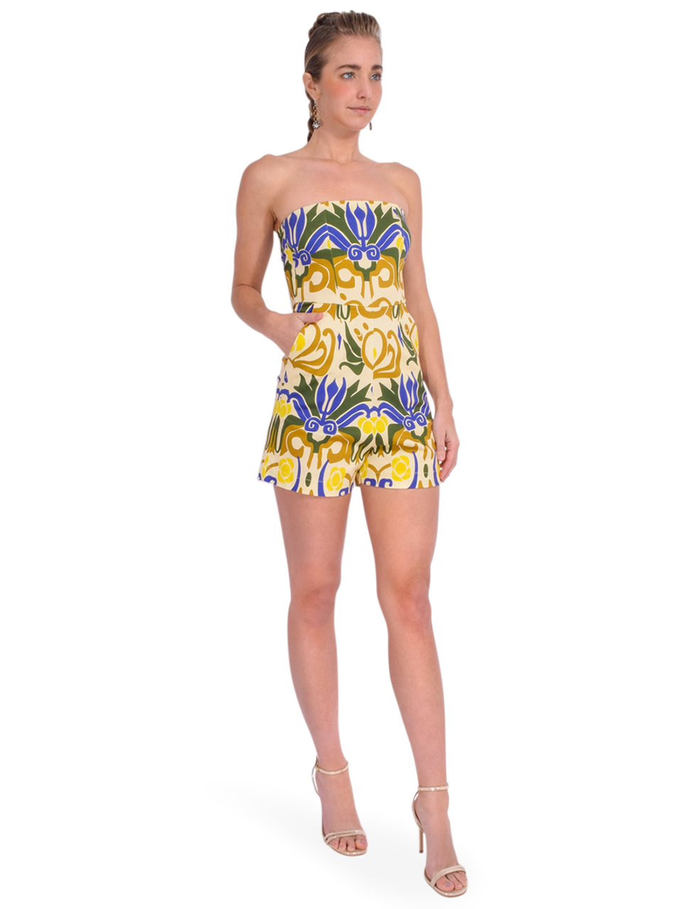 OLLARI Dylan Strapless Romper in Yellow/ Blue Multi Side View 