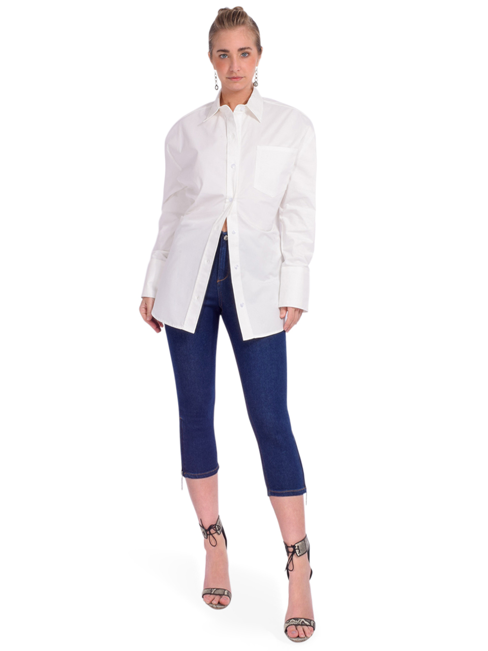 SER.O.YA Eudora Backless Button Down Top in White Full Outfit 

