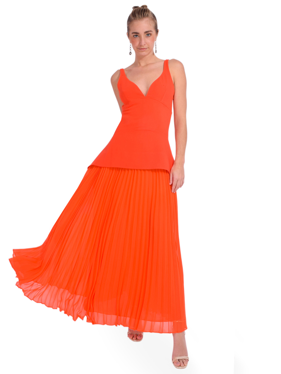 SIMKHAI Sequoia Pleated Combo Sleeveless V-Neck Midi Dress in Flame Front View 2