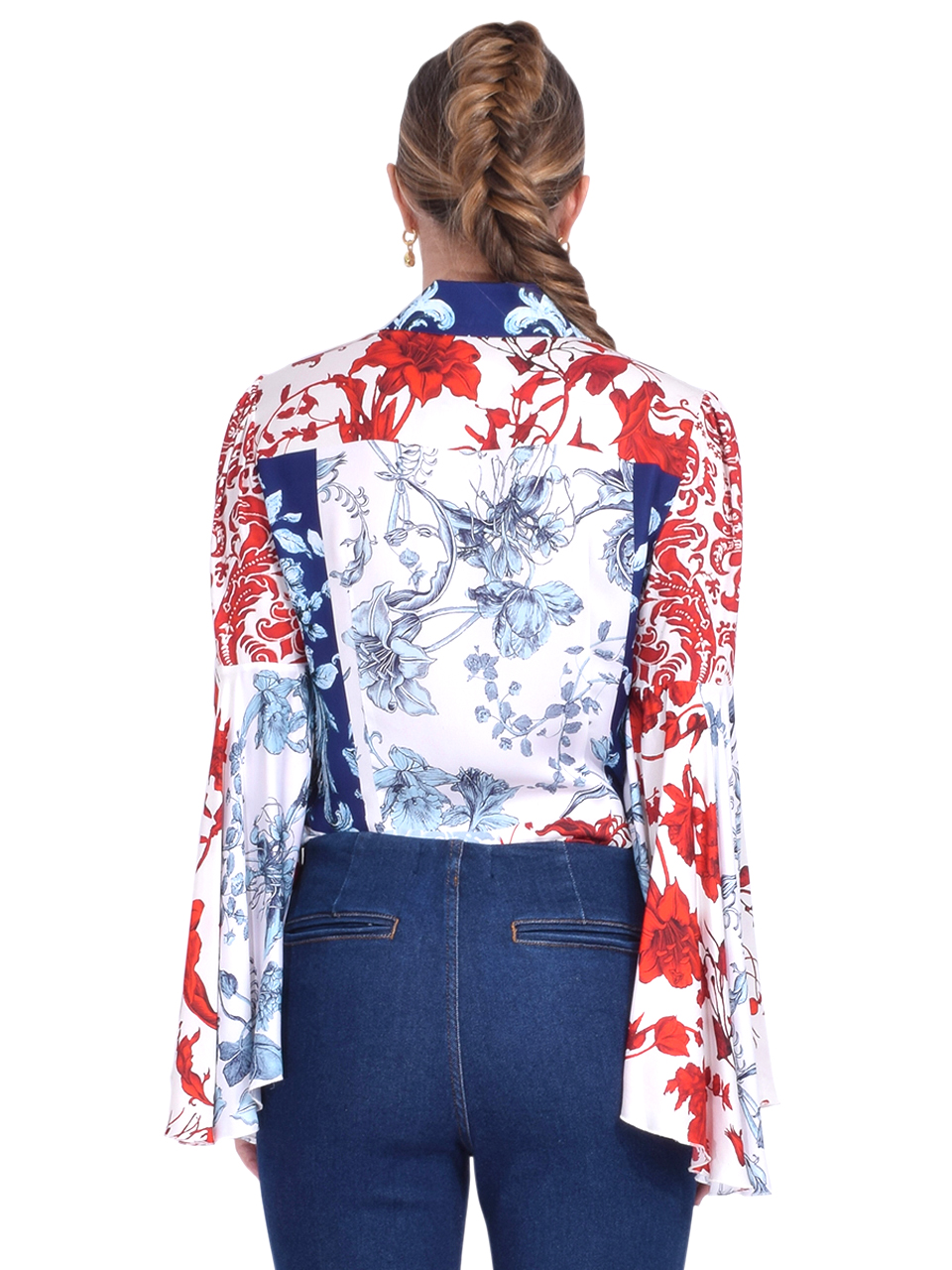 ALICE + OLIVIA Willa Fitted Placket Bell Sleeve Top in Je L'adore Back View 