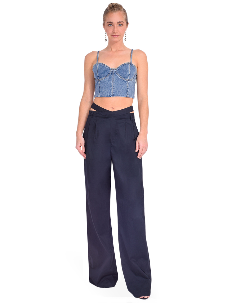 ALICE + OLIVIA Natacha Spaghetti Strap Bustier in Brooklyn Blue Full Outfit 