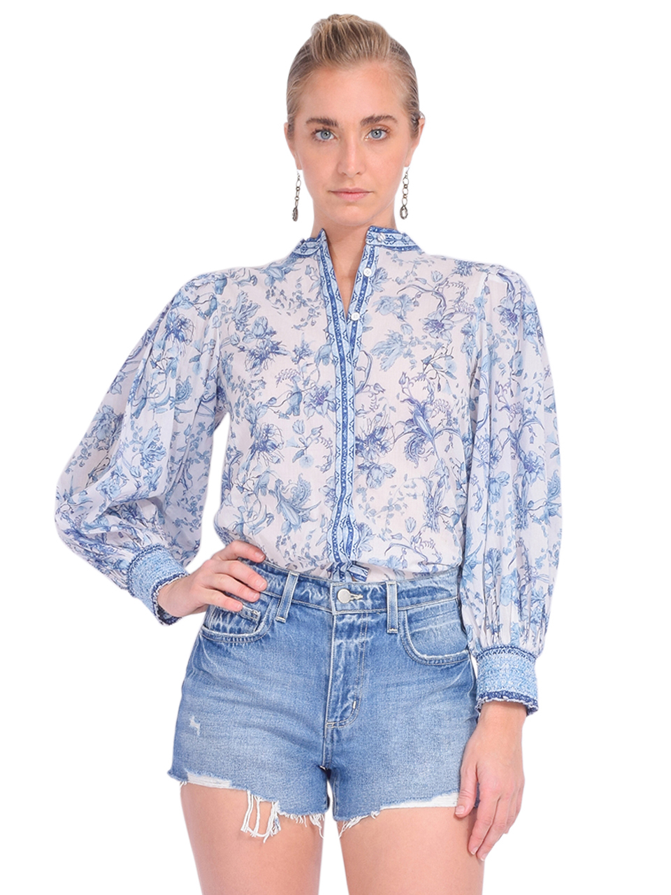 ALICE + OLIVIA April Blouson Sleeve Top in Je L'adore Spring Sky Front View 