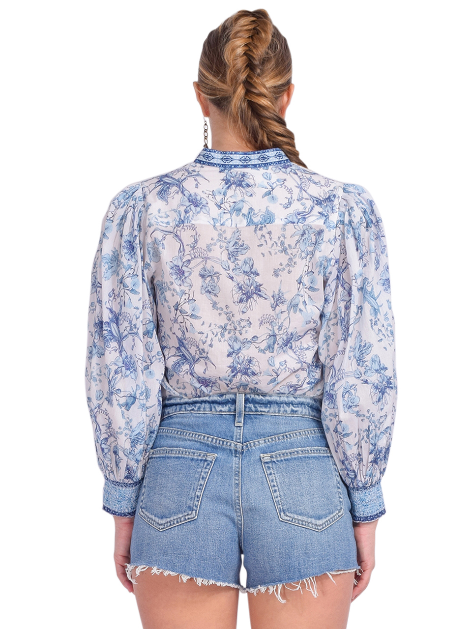 ALICE + OLIVIA April Blouson Sleeve Top in Je L'adore Spring Sky Back View 