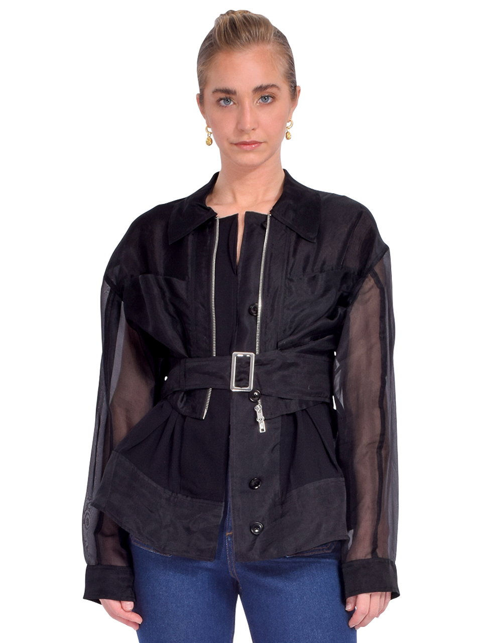 3.1 Phillip Lim Organza Belted Flounce Utility Jacket in Black Front View 