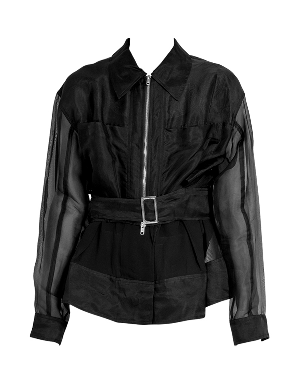 3.1 Phillip Lim Organza Belted Flounce Utility Jacket in Black Product Shot 
