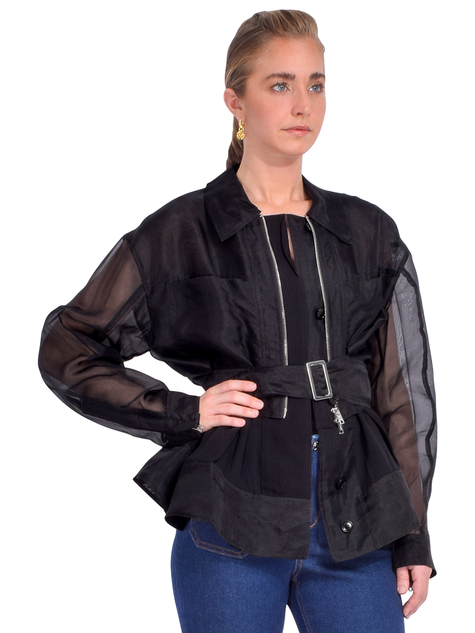 3.1 Phillip Lim Organza Belted Flounce Utility Jacket in Black Side View 