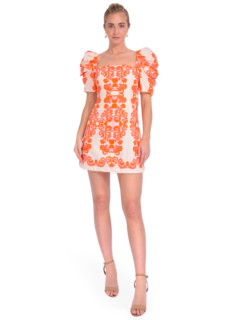 CARA CARA Kelly Dress in Venice Scroll Mandarin Red Front View 1