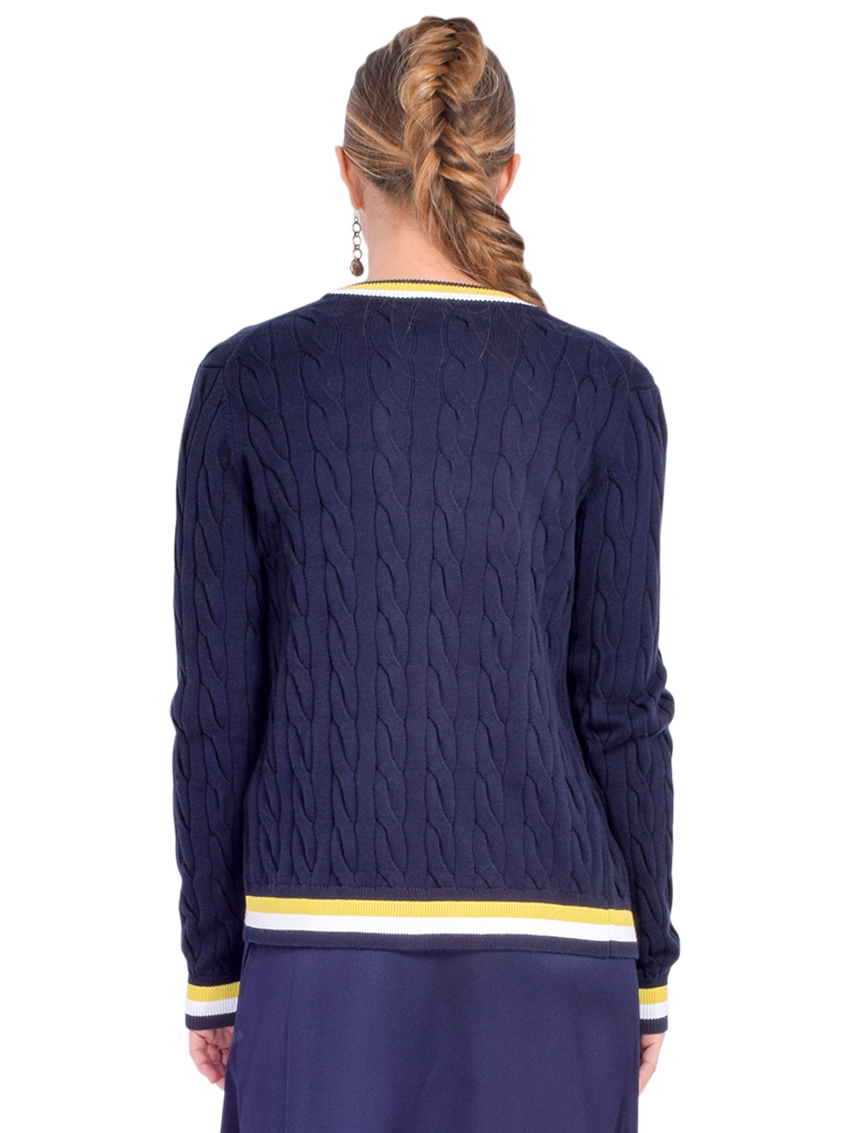 MINNIE ROSE Cotton Cable Knit Cardigan in Navy Back View 
