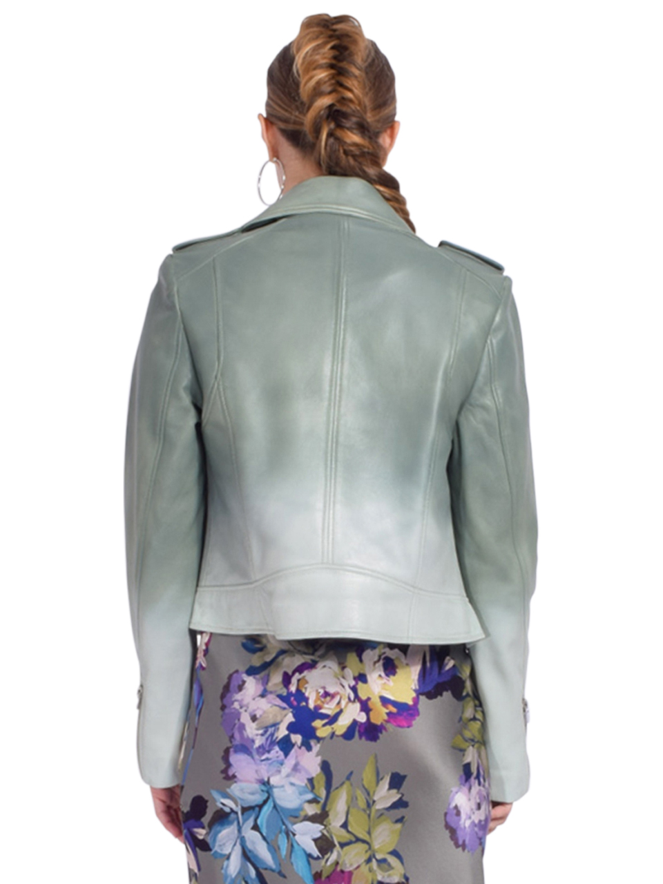 LAMARQUE Donna Iconic Leather Biker Jacket in Eucalyptus Gradient Back View 
