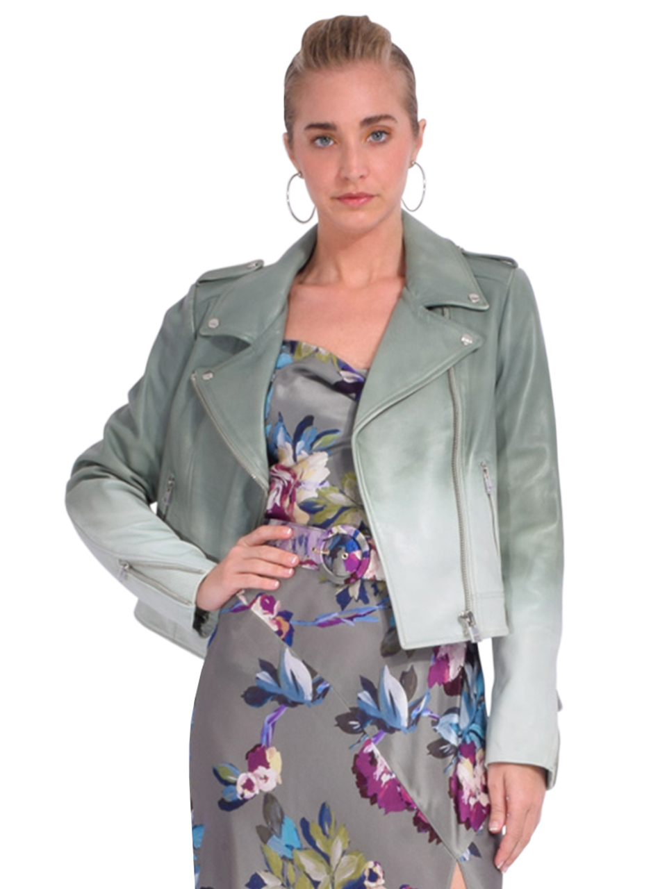 LAMARQUE Donna Iconic Leather Biker Jacket in Eucalyptus Gradient Front View 