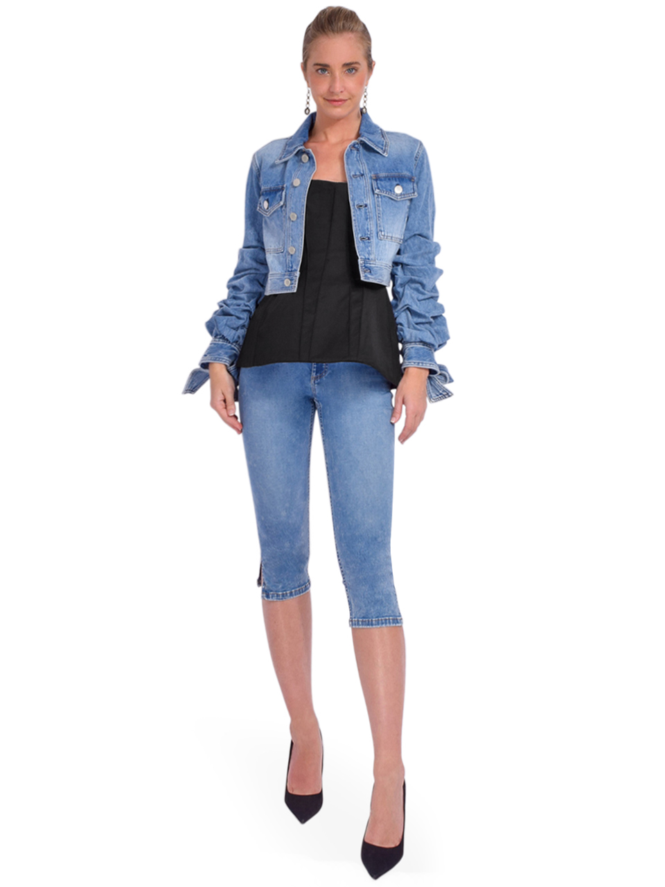 ALICE + OLIVIA Tiff Denim Jacket with Bow Sleeves in Vintage Blue Full Outfit 