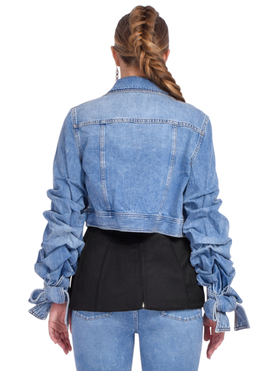 ALICE + OLIVIA Tiff Denim Jacket with Bow Sleeves in Vintage Blue Back View 