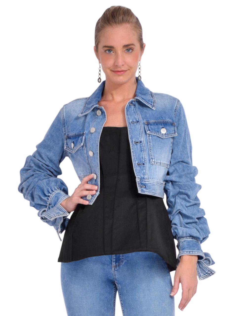 ALICE + OLIVIA Tiff Denim Jacket with Bow Sleeves in Vintage Blue Front View 