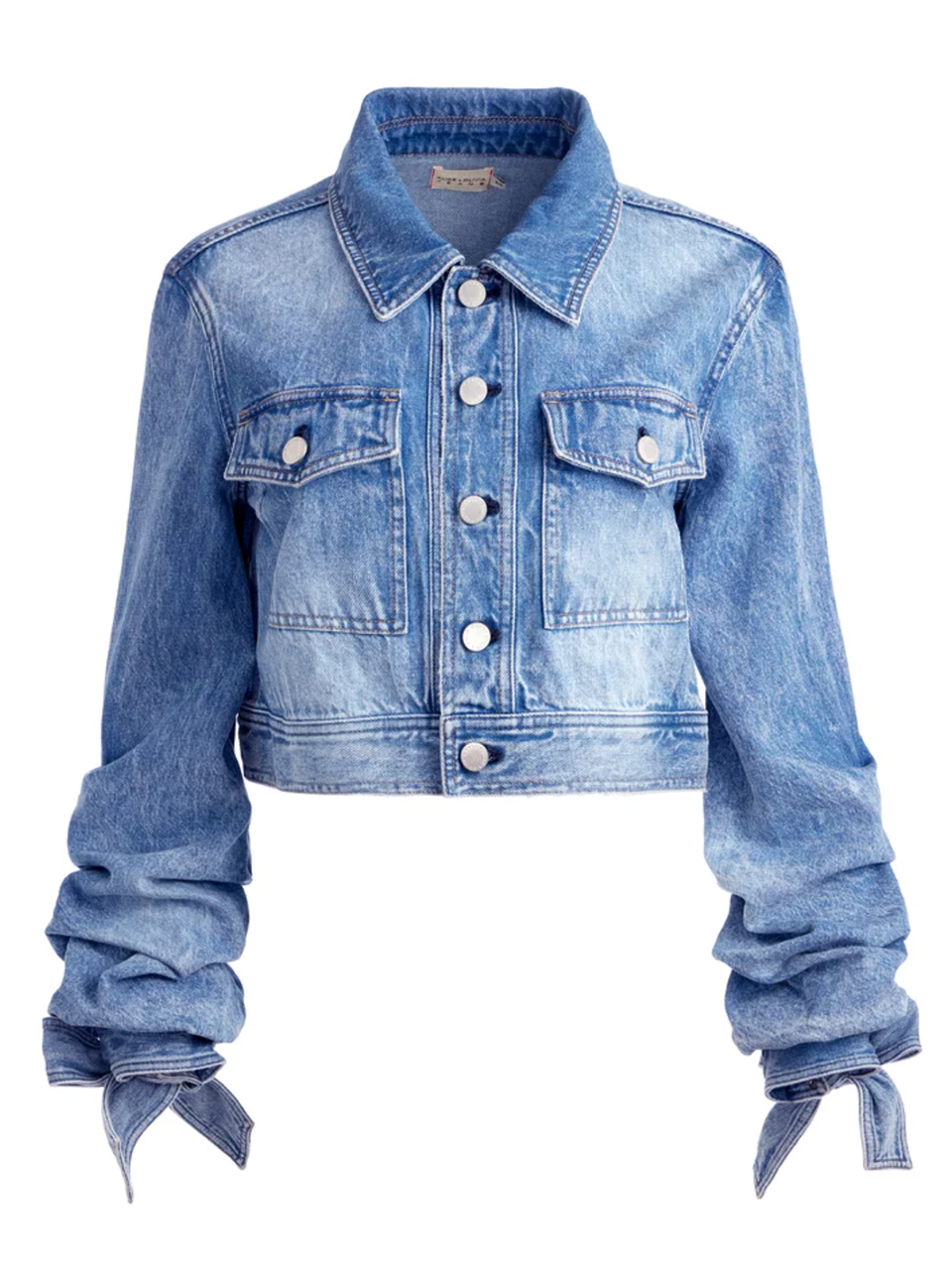 ALICE + OLIVIA Tiff Denim Jacket with Bow Sleeves in Vintage Blue Product Shot 