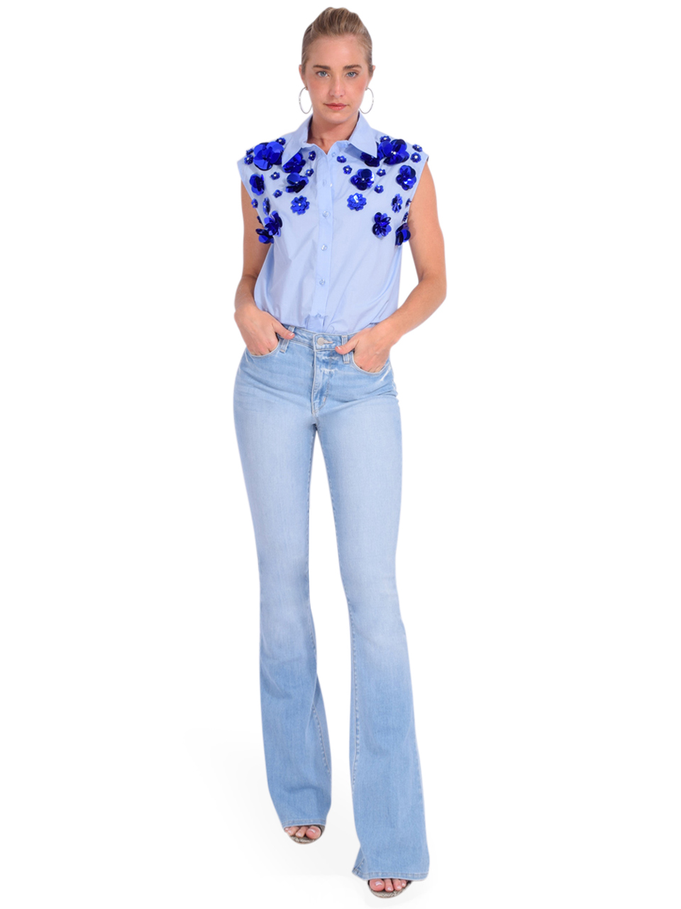 L'AGENCE Marty High Rise Flare Jeans in Bonham Blue Full Outfit 