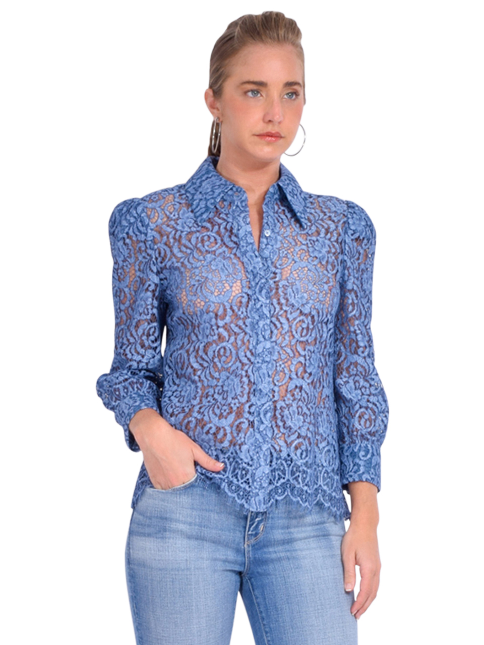 L'AGENCE Andrea Lace Blouse in Indigo Side View 