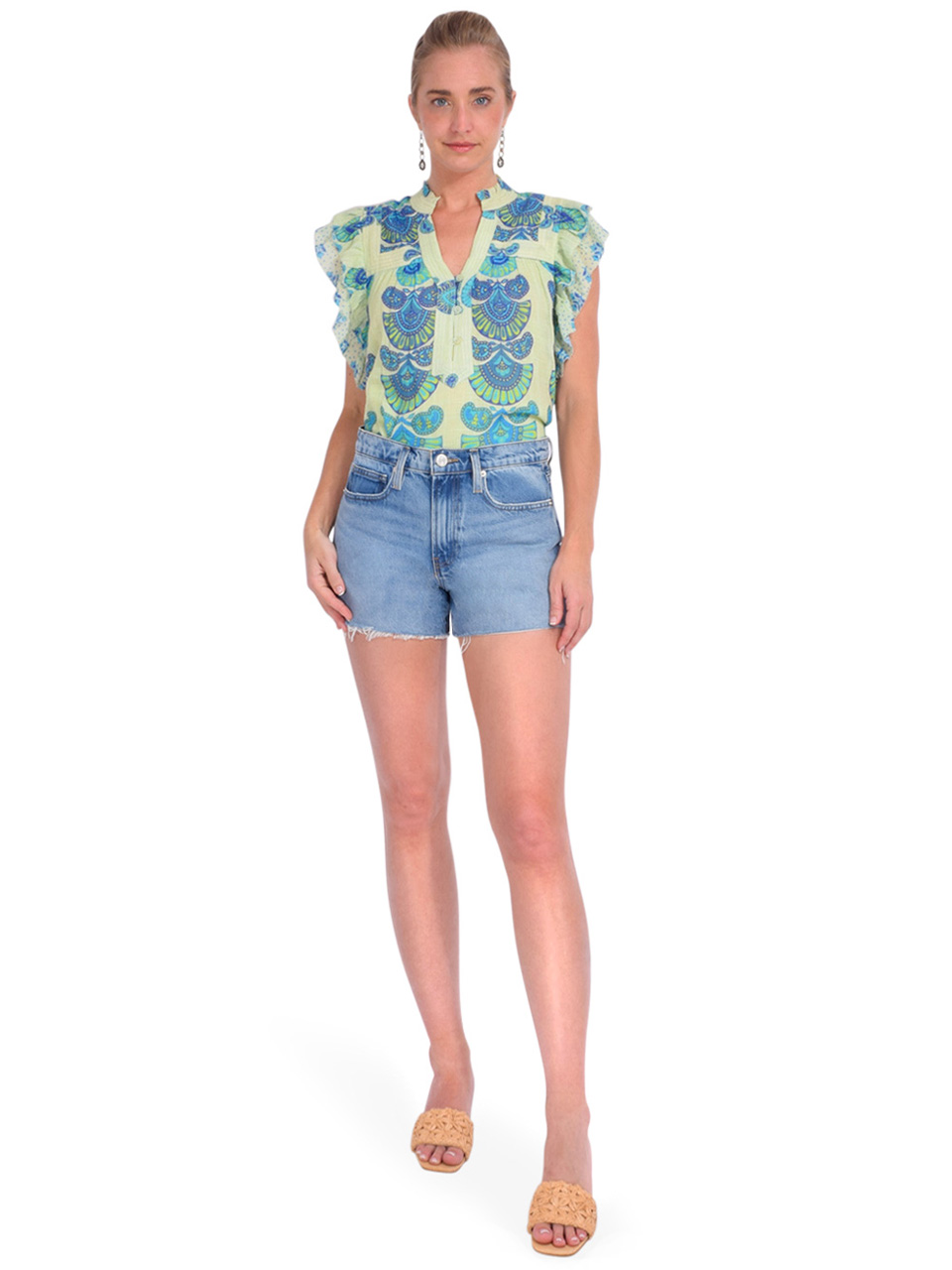 LOVE THE LABEL Sara Top in Green/Blue Orchid Moon Print Full Outfit 
