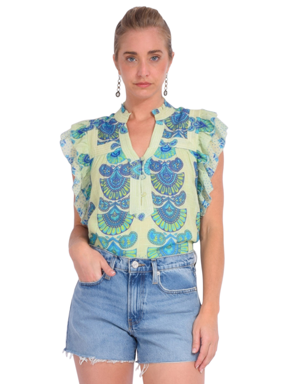 LOVE THE LABEL Sara Top in Green/Blue Orchid Moon Print Front View 
