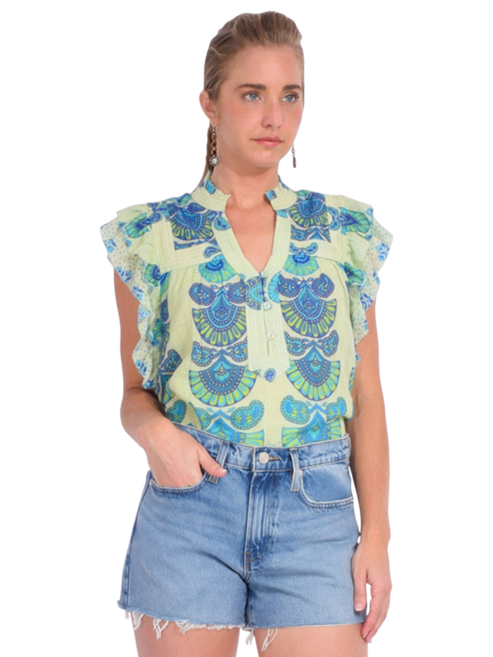 LOVE THE LABEL Sara Top in Green/Blue Orchid Moon Print Side View 
