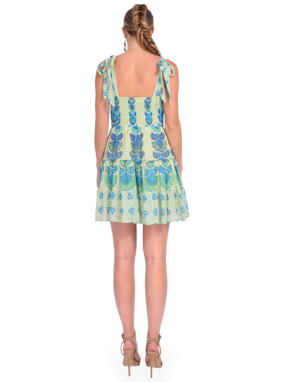 LOVE THE LABEL Naomi Dress in Green/ Blue Orchid Moon Print Back View 

