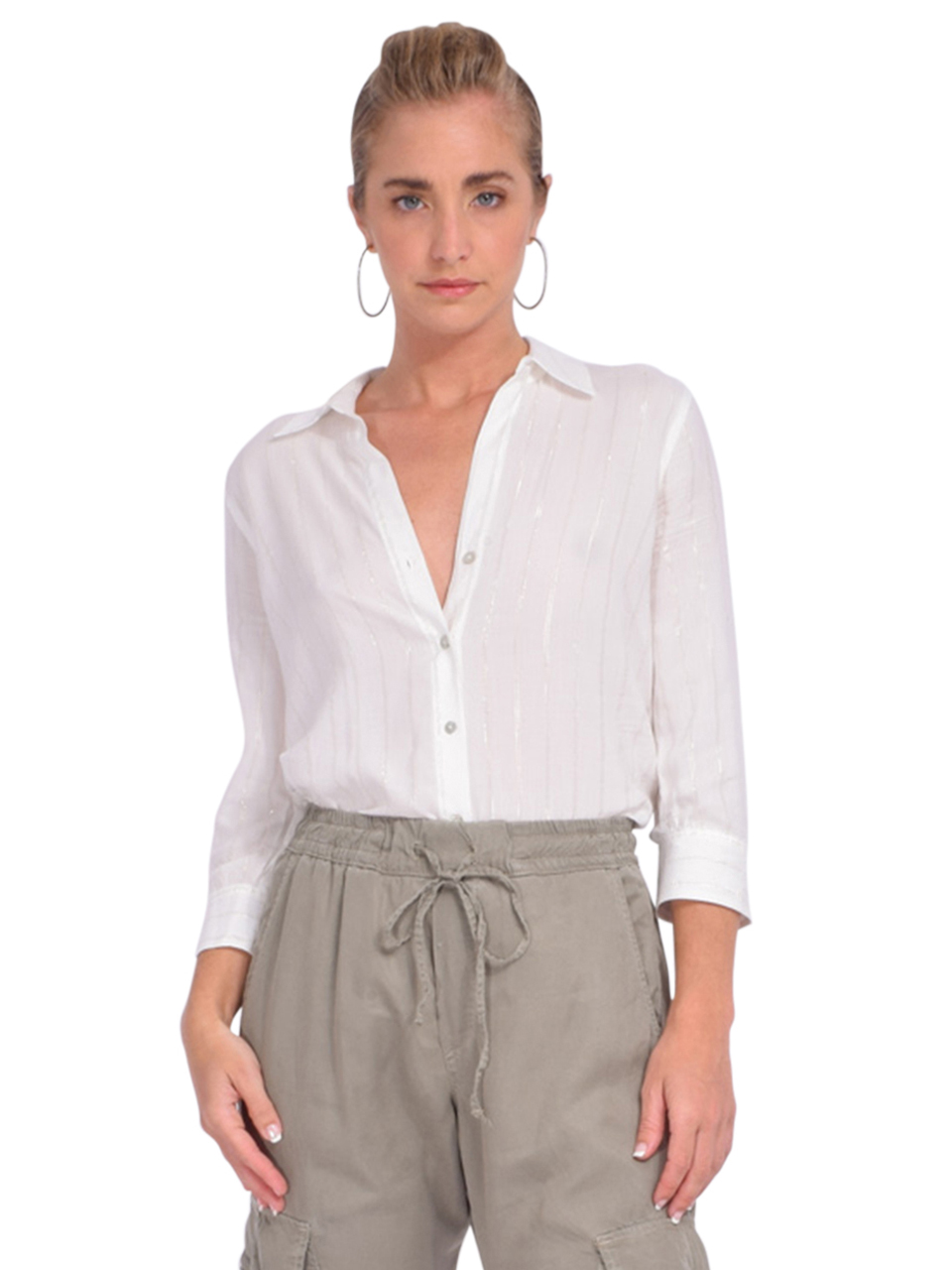 L'AGENCE Camille Striped Blouse in Ivory/Gold Stripe Front View 