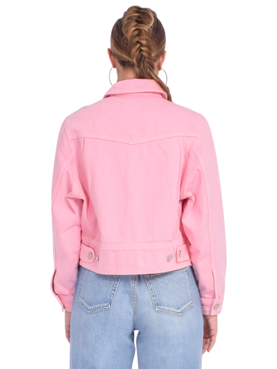 FRAME Heart Denim Jacket in Washed Dusty Pink Back View 