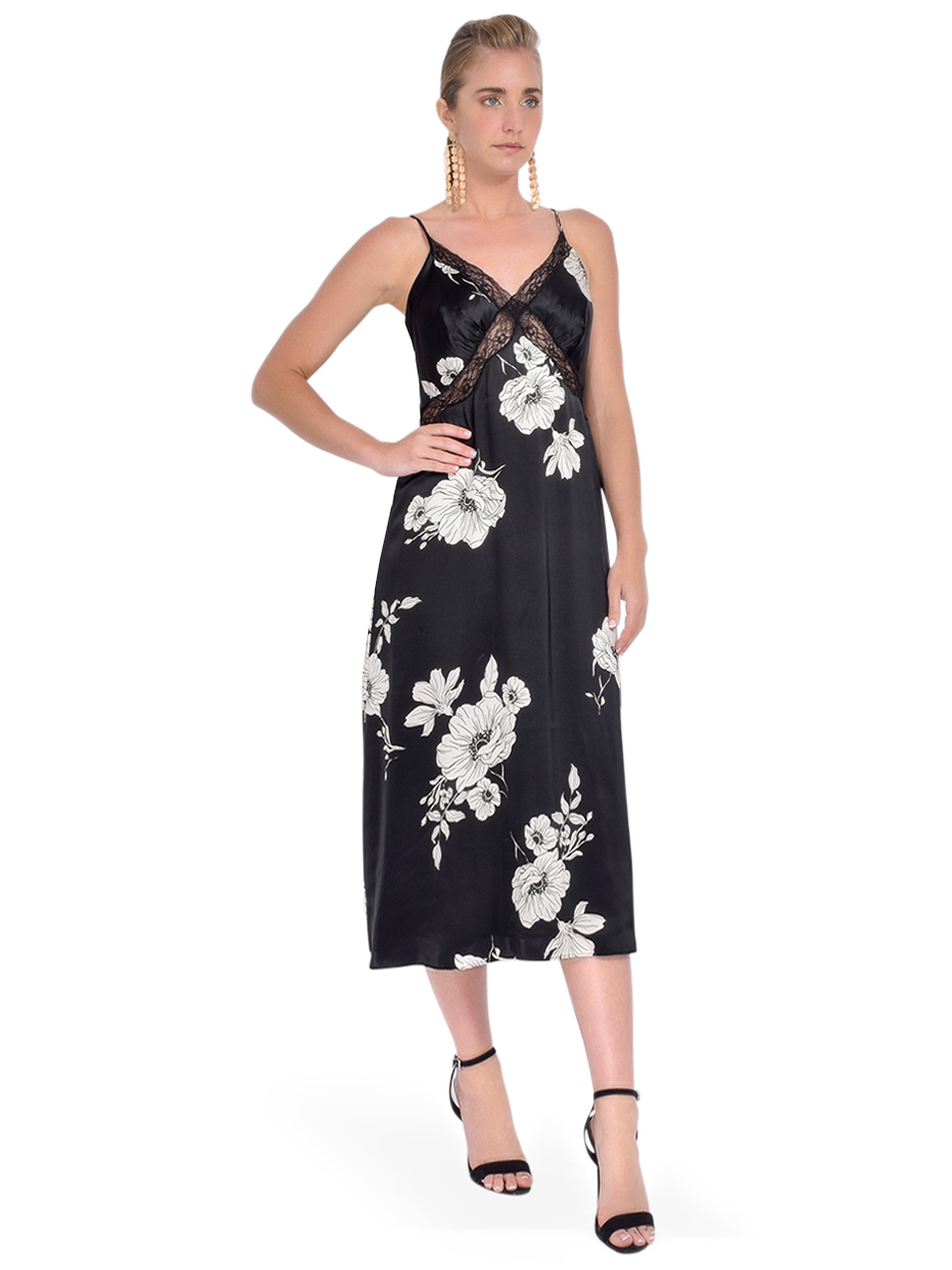 Cami NYC Marilyn Slip Dress in Black Botanical Side View 