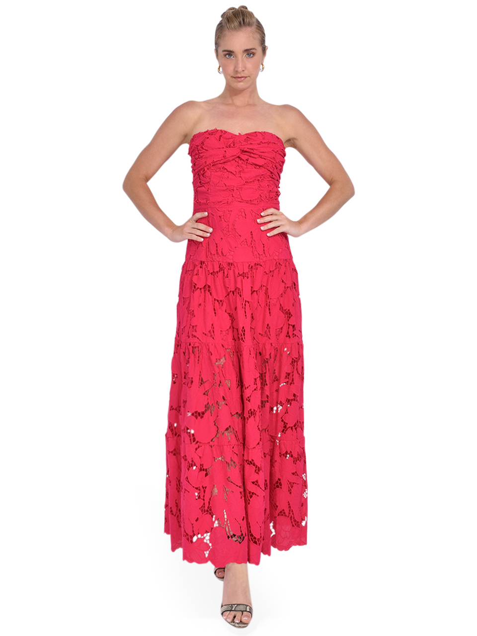 Karina Grimaldi Emperatriz Midi Dress in Pink Lace Front View 2