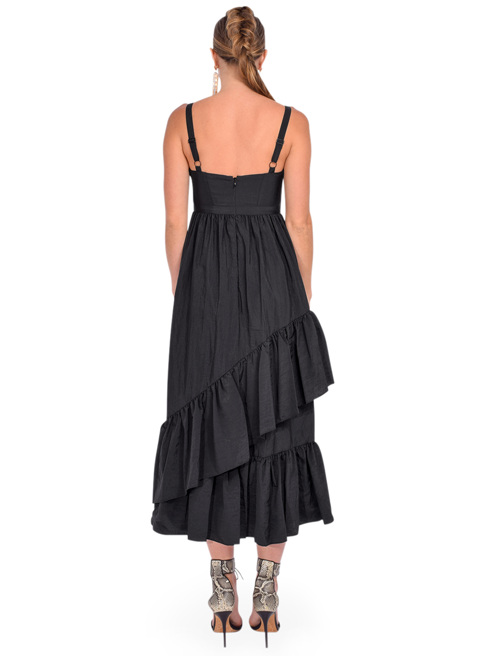 Cinq à Sept Amy Ruffle Asymmetric Dress in Black Back View 

