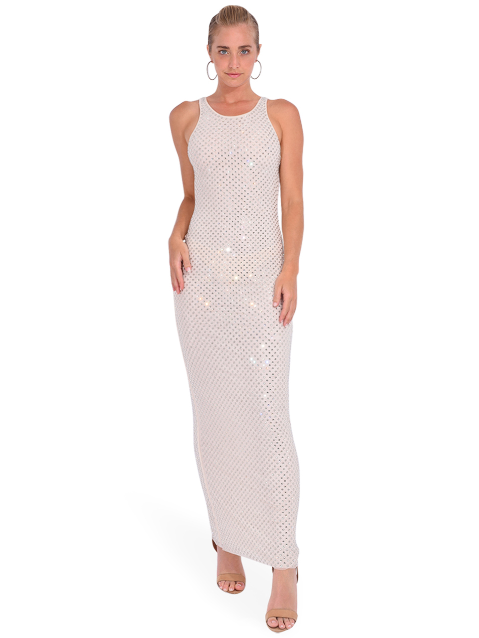 Self-Portrait Cream Mesh Rhinestone Maxi Dress Front View 2