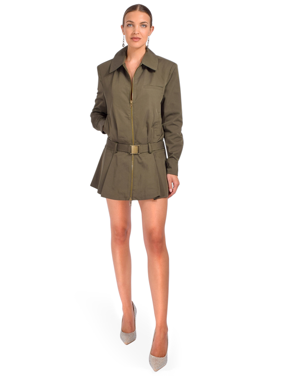 Ser.o.ya Sanders Twill Bomber Jacket Dress in Green Full Outfit 