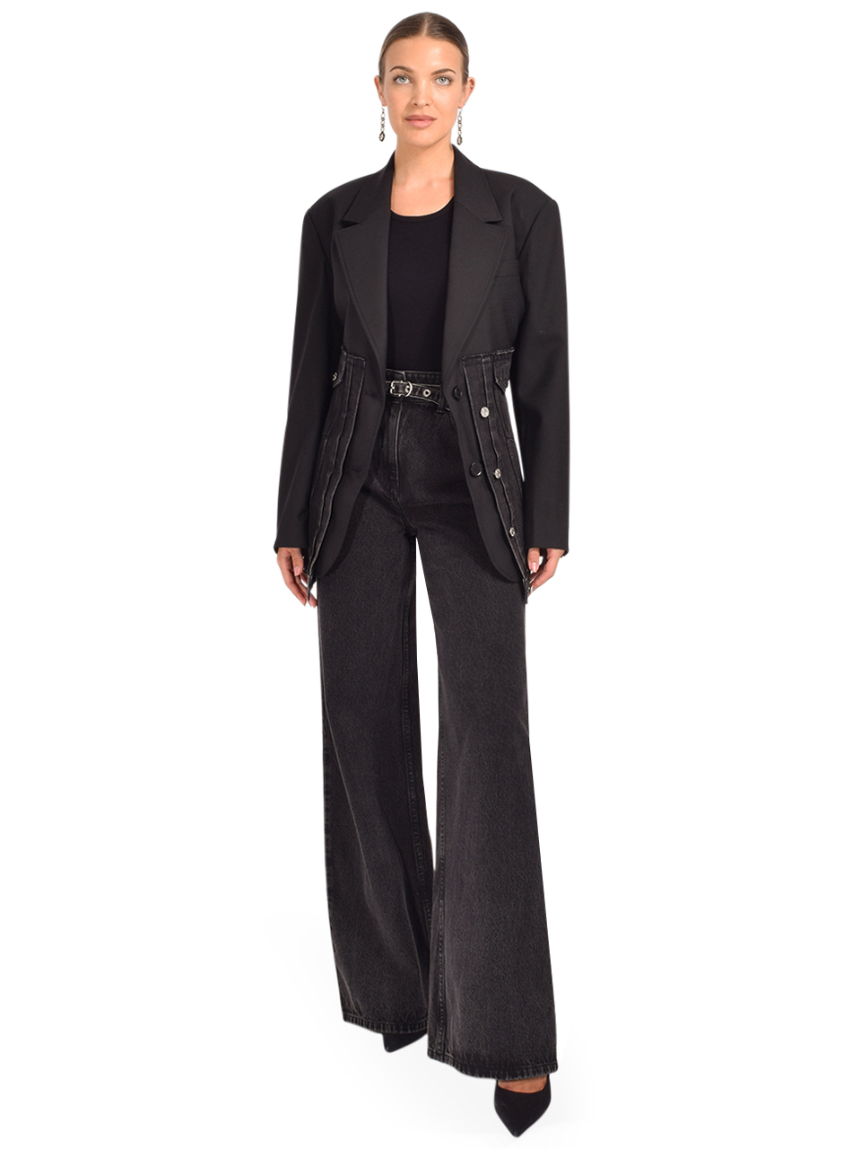3.1 Phillip Lim Oversized Hybrid Denim Blazer in Washed Black Full Outfit 