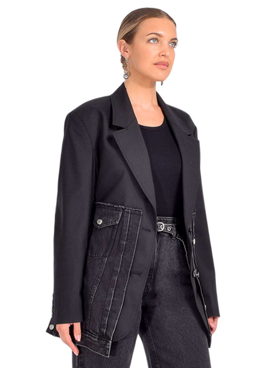3.1 Phillip Lim Oversized Hybrid Denim Blazer in Washed Black Side View 