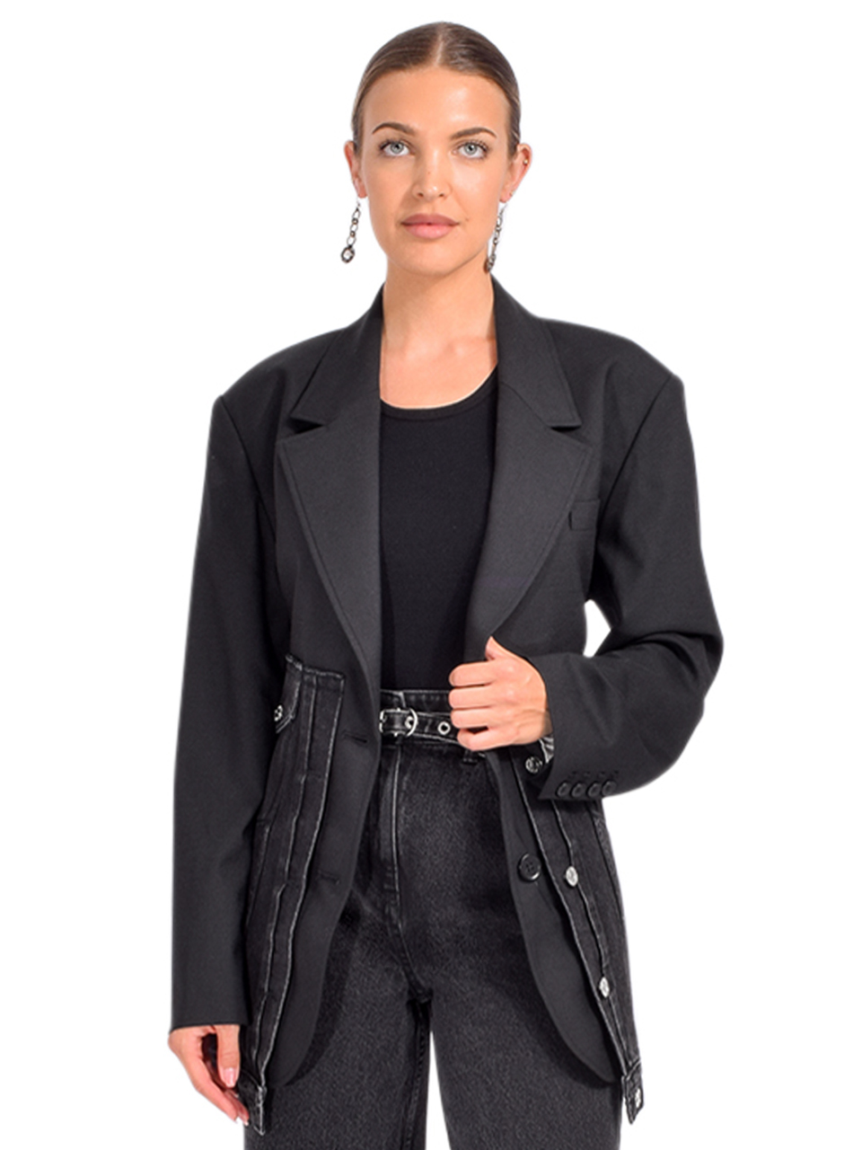 3.1 Phillip Lim Oversized Hybrid Denim Blazer in Washed Black Front View 