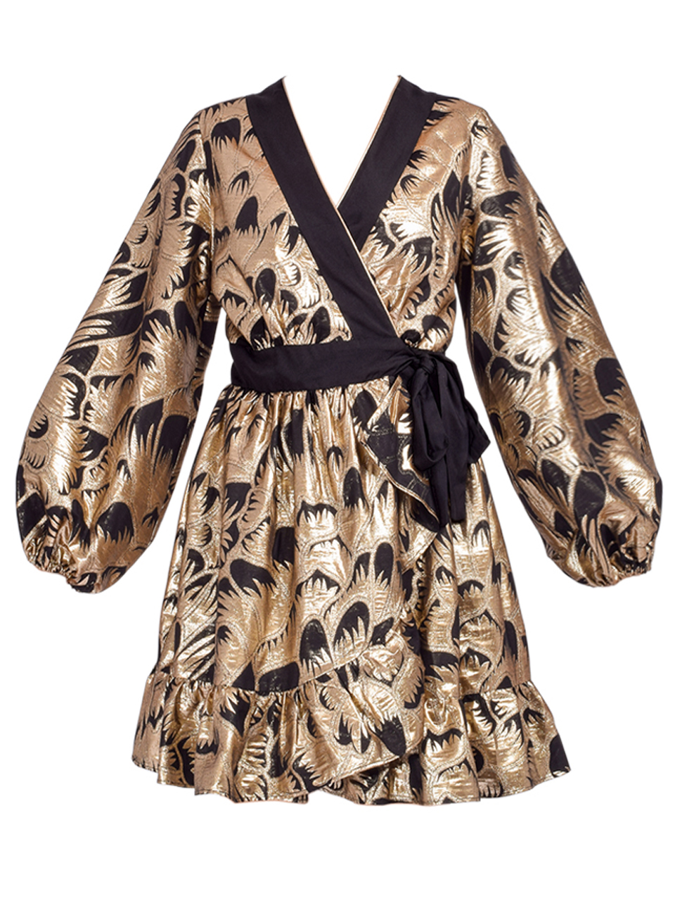 LACE Metallic Wrap Dress in Black/Gold Product Shot 