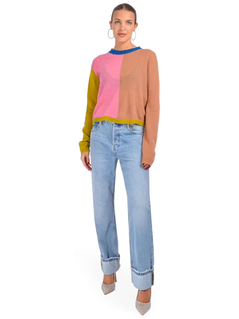 Le Superbe Mondrian Cashmere Sweater Chartreuse Blue Multi Full Outfit 