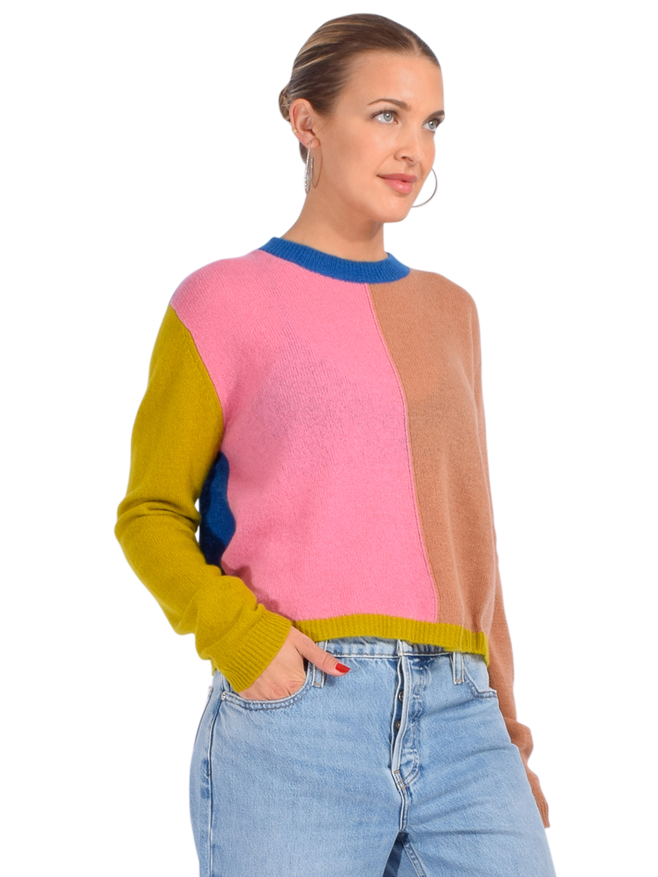 Le Superbe Mondrian Cashmere Sweater Chartreuse Blue Multi Side View 

