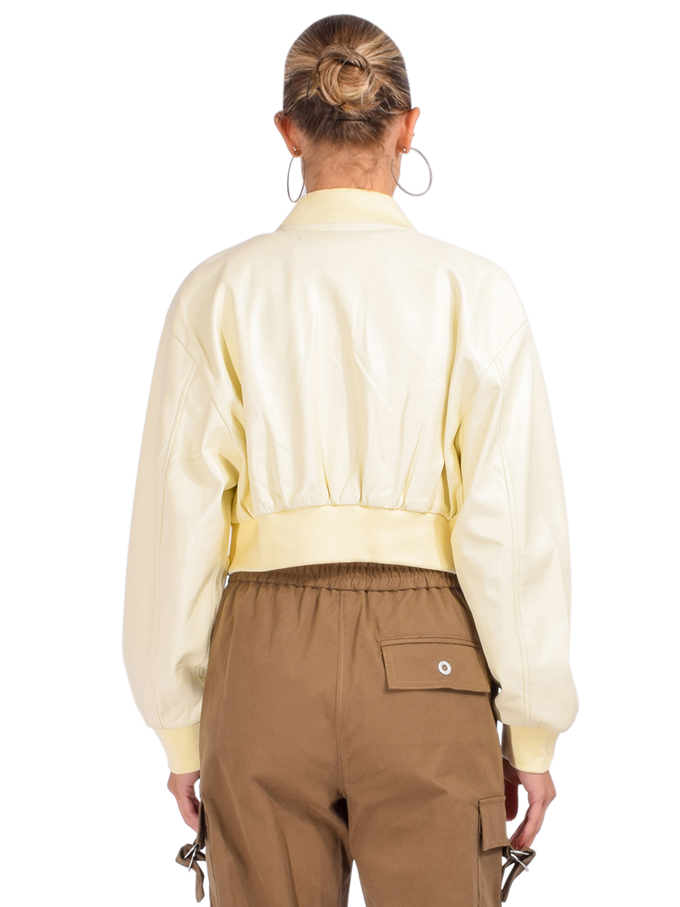 LAMARQUE Evelin Faux Leather Cropped Bomber in Lemon Icing Back View 