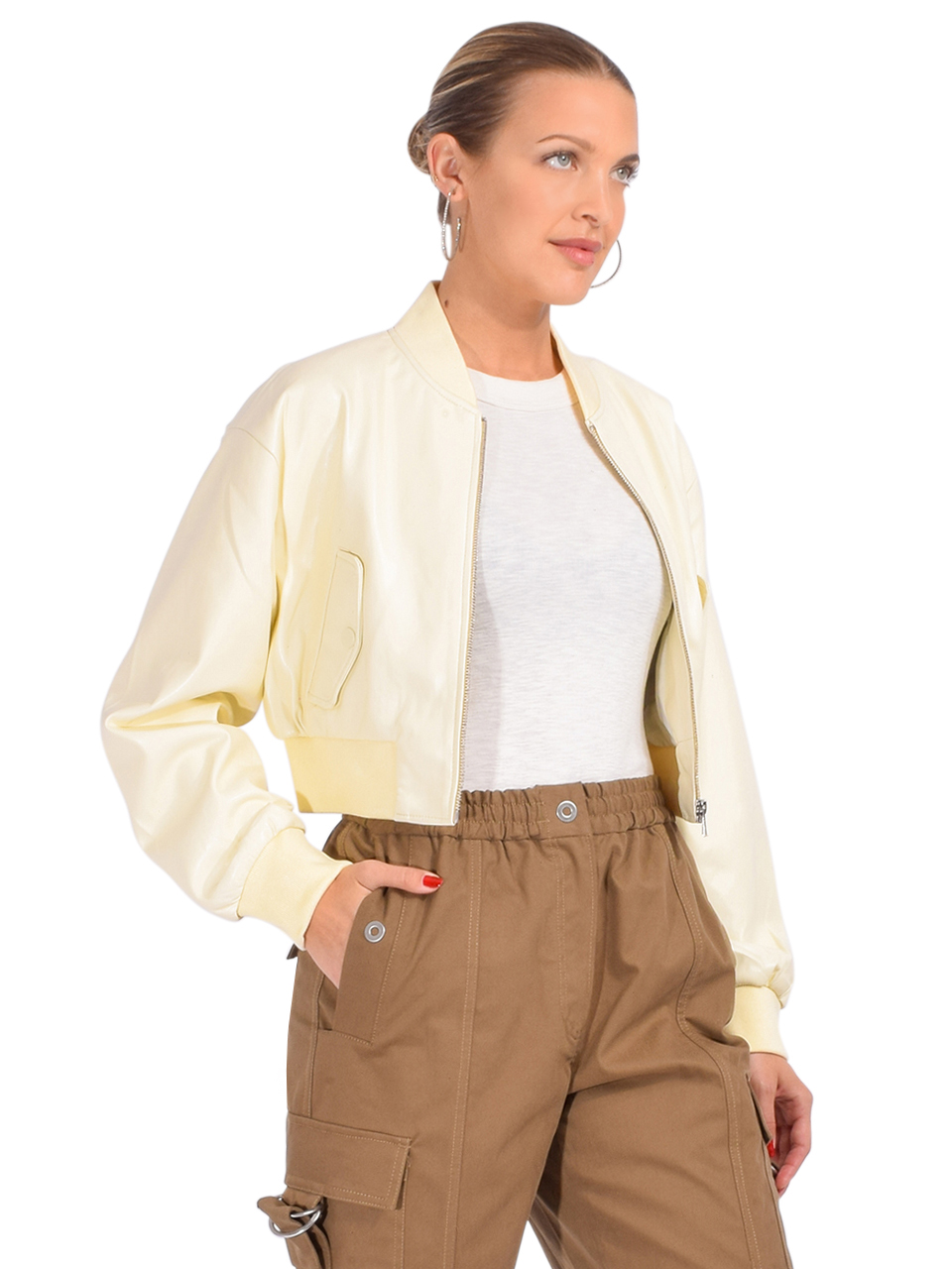LAMARQUE Evelin Faux Leather Cropped Bomber in Lemon Icing Side View 